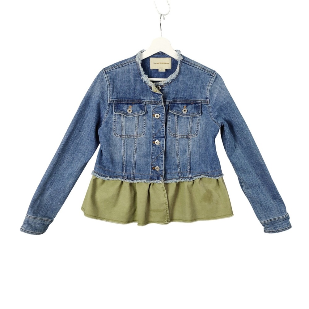 Pilcro Womens Shabby Eclectic Peplum Denim Jacket S Blue Green Frayed Collarless